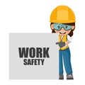 Industrial construction woman worker with her personal protective equipment and work safety poster. Engineer with safety helmet.