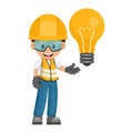 Industrial construction worker with a giant light bulb. Engineer with creative idea symbol. Industrial safety and occupational Royalty Free Stock Photo