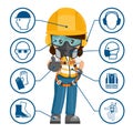 Industrial construction worker woman with personal protective equipment and safety icons, pictograms. Industrial safety and