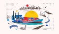 Industrial container cargo freight ship for import or export in port. Abstract design background, trucks and transport