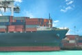 Industrial Container Cargo freight ship with working crane bridg Royalty Free Stock Photo