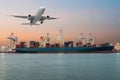 Industrial Container Cargo freight ship with working crane bridge in shipyard at dusk for Logistic Import Export background