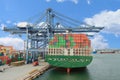 Industrial Container Cargo freight ship with working crane bridge in shipyard for Logistic Import Export background