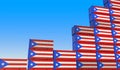 Industrial containers with flags of Puerto Rico making a rising graph. Economic growth related 3D rendering