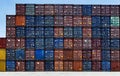 Industrial containers stacked with a blue sky in the background.