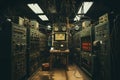 industrial control center, retro equipment in the interior of the plant workshop, manufacturing concept