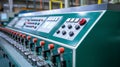 Industrial Control Panel Buttons Close-Up: Machinery Production Interface.