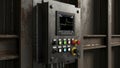 Industrial Control Panel with Digital Display and Buttons in a Factory Setting Royalty Free Stock Photo