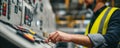 Industrial control panel engineer safety maintenance operation button switch electricity power factory hum Royalty Free Stock Photo