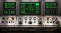 Industrial control panel features multiple screens displaying schematics and data readings Royalty Free Stock Photo