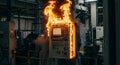 Industrial Control Panel Fire A burning industrial control panel in a factory setting Symbolizes danger risk malfunction Royalty Free Stock Photo