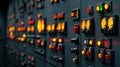 Industrial control panel with illuminated meters, switches and indicator lights in dimly lit environments. Royalty Free Stock Photo