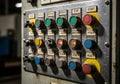 Industrial control panel with numerous buttons arranged in a grid. Buttons are labeled with various Royalty Free Stock Photo