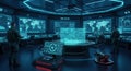 Industrial control room with multiple monitor screens, operators interacting, colorful LED lights, visible security cameras