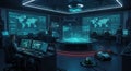 Industrial control room with multiple monitor screens, operators interacting, colorful LED lights, visible security cameras
