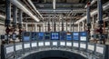 Industrial control room with multiple monitors and control panels Royalty Free Stock Photo