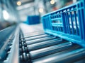 Industrial conveyor system with blue plastic containers moving through automated roller production line in a modern warehouse Royalty Free Stock Photo