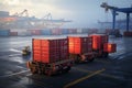 An industrial crane facilitates container loading onto a cargo freight ship