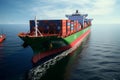 Industrial crane loads cargo containers onto a bustling freight ship