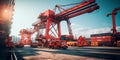 Industrial cranes lifting and moving heavy materials in a dockyard. Generative Ai