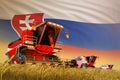 Industrial 3D illustration of agricultural combine harvester working on rural field with Slovakia flag background, food production