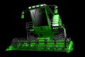 Industrial 3D illustration of big rendered green rural harvester front view isolated on black