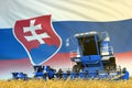 Industrial 3D illustration of blue rye agricultural combine harvester on field with Slovakia flag background, food industry