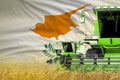 Industrial 3D illustration of 3 green modern combine harvesters with Cyprus flag on wheat field - close view, farming concept