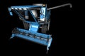 Industrial 3D illustration of huge modern blue grain harvester with harvest pipe detached front top view isolated on black