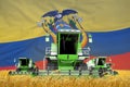 industrial 3D illustration of 4 light green combine harvesters on rural field with flag background, Ecuador agriculture concept Royalty Free Stock Photo