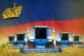 Many blue farming combine harvesters on rural field with Liechtenstein flag background - front view, stop starving concept -