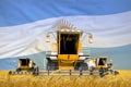 industrial 3D illustration of 4 orange combine harvesters on rye field with flag background, Argentina agriculture concept