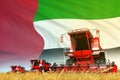 industrial 3D illustration of red rye agricultural combine harvester on field with United Arab Emirates flag background, food
