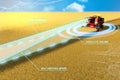 Self driving, unmanned, autonomous grain combine harvester working in field - farming equipment future concept - industrial 3D