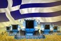 Some blue farming combine harvesters on rye field with Greece flag background - front view, stop starving concept - industrial 3D