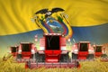 A lot of red farming combine harvesters on grain field with Ecuador flag background - front view, stop starving concept - Royalty Free Stock Photo