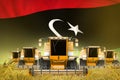 Industrial 3D illustration of some yellow farming combine harvesters on farm field with Libya flag background - front view, stop
