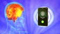 Industrial 3D illustration - x-ray human head image with calling cell phone, brain harm by lte network concept