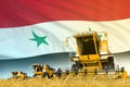 Yellow rural agricultural combine harvester on field with Syrian Arab Republic flag background, food industry concept - industrial