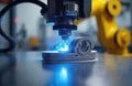 Industrial 3D printer creates metal part with blue laser light. Automated machine builds complex object layer by layer. Robotic Royalty Free Stock Photo