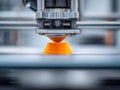 Industrial 3d printer creating a vibrant orange plastic object with precise layer-by-layer additive manufacturing technology in a Royalty Free Stock Photo