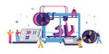 Industrial 3D printer facilities with technicians vector illustration isolated.