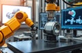 Industrial 3D scanner measures mechanical part for quality control. Automated system performs precise measurements. Advanced tech