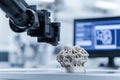 Industrial 3D scanner meticulously scans mechanical part. Advanced tech ensures precise data capture for quality control. Process
