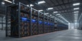 Industrial data center housing multiple servers equipped with cooling systems operating in a spacious warehouse environment Royalty Free Stock Photo