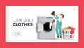 Industrial or Domestic Launderette Service Landing Page Template. Worker Female Character in Public Dry Cleaning Laundry