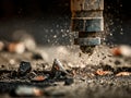 Industrial drilling process breaking apart tough materials with debris explosion Royalty Free Stock Photo