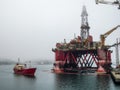 Industrial drilling rig tower platform for oil and gas pumping in sea. Fuel and gasoline exploration and production