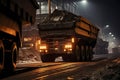 Industrial Dump Truck Transporting Coal at Night