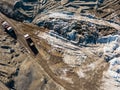 Industrial earthworks loader bucket machines on building construction site. Shot from above